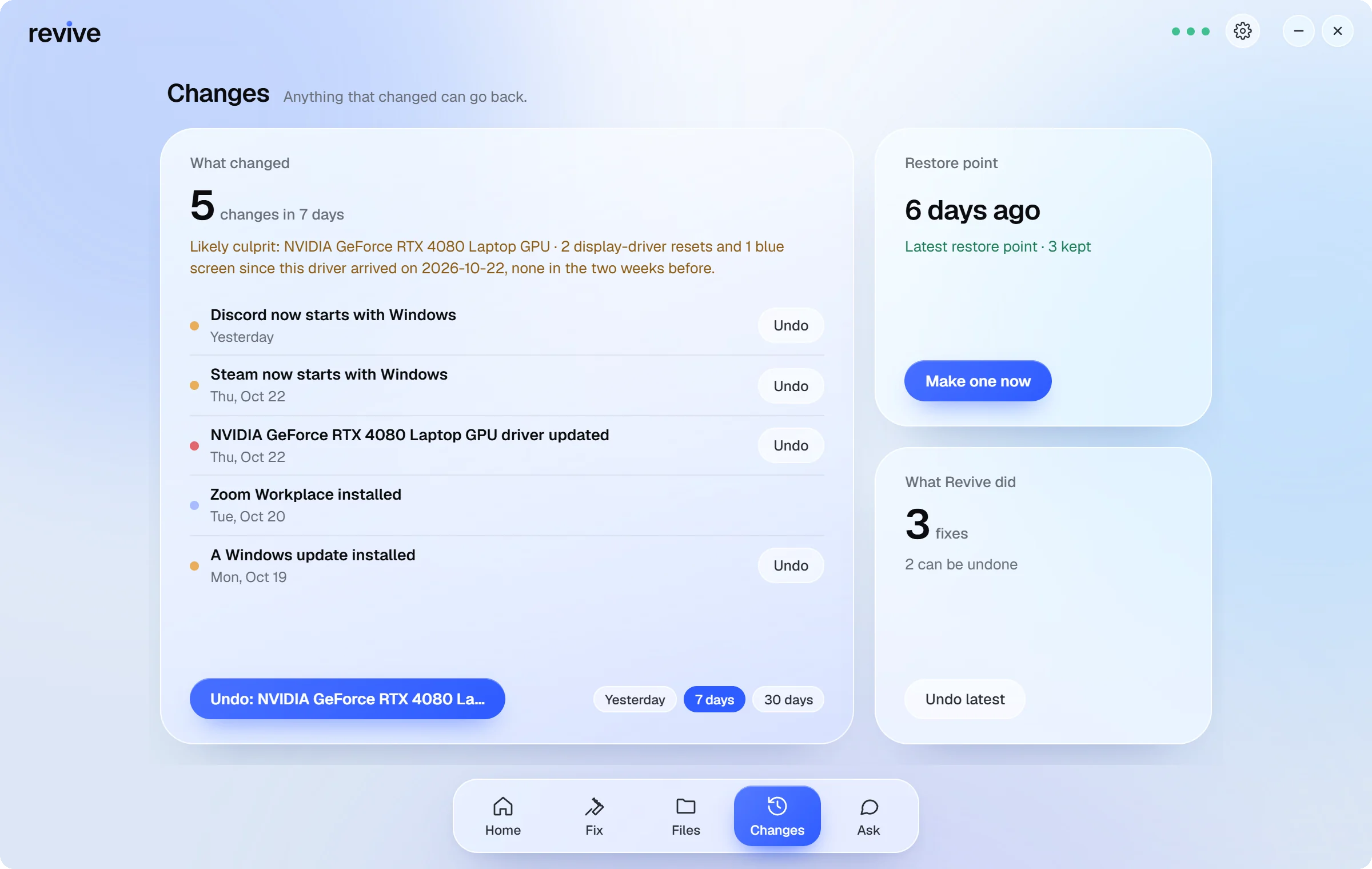 Revive's Changes page: recent changes, each with an Undo button.