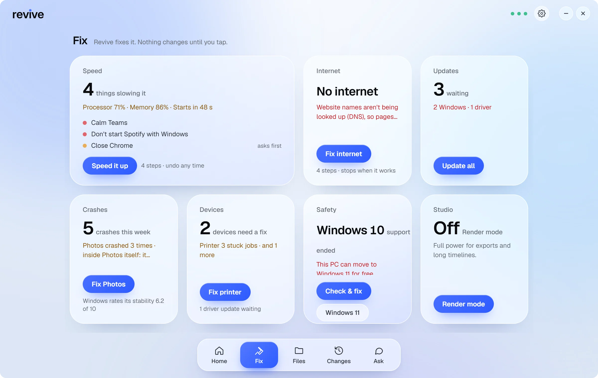 Revive's Fix page: Speed, 4 things slowing it, Speed it up; Internet, No internet, Fix internet; Updates, 3 waiting, Update all.
